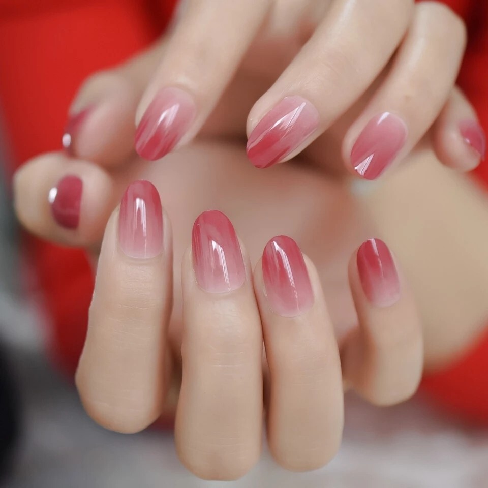 24 Ombre Rose Press On Nails w/ Glue Nude red natural almond goth gradient
