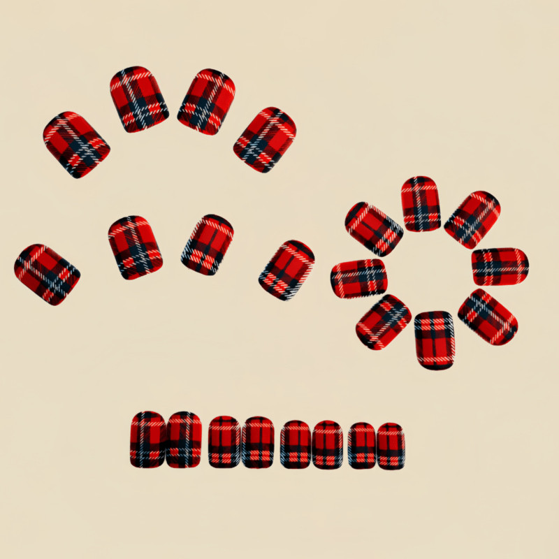 48 Pcs Red Plaid Short Square Press on Nails, Vintage Preppy Nude Fake Nails