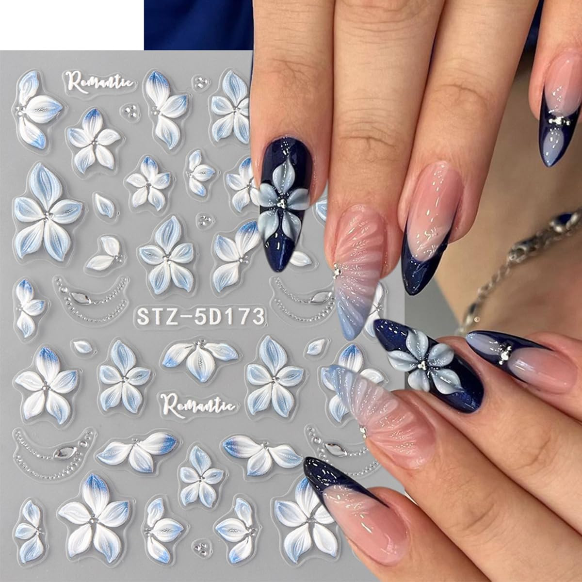 4 Sheets 5D Embossed Gradient Flowers Nail Stickers for Nail Art Design Summer F