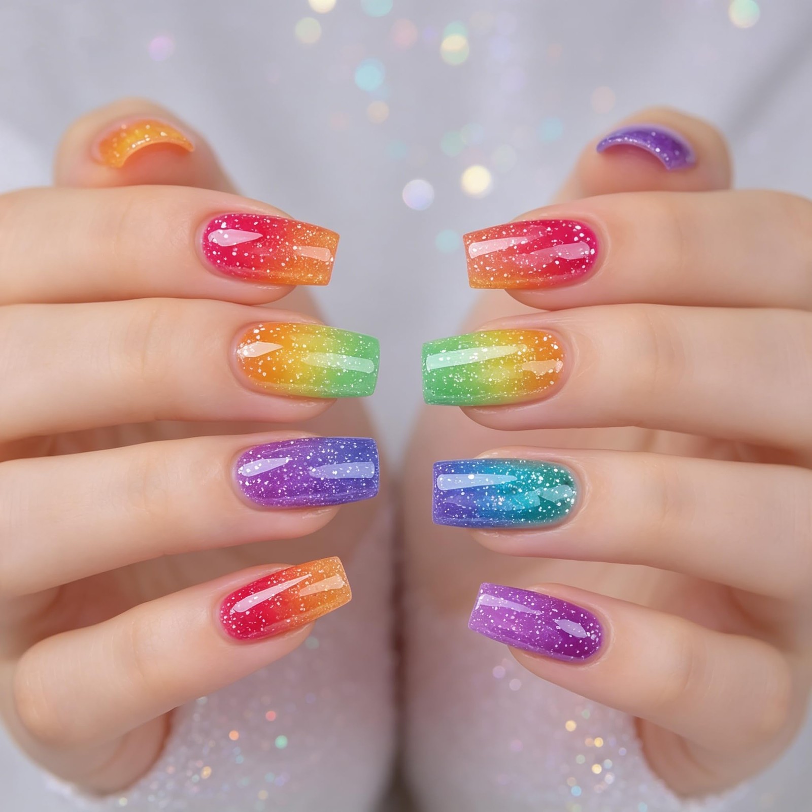 Tephrent 24pcs short square press on nails rainbow