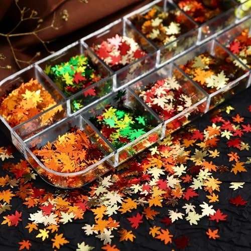12 Grids Fall Nail Glitters 3D Gold Maple Leaf Nail Sequins with Autumn