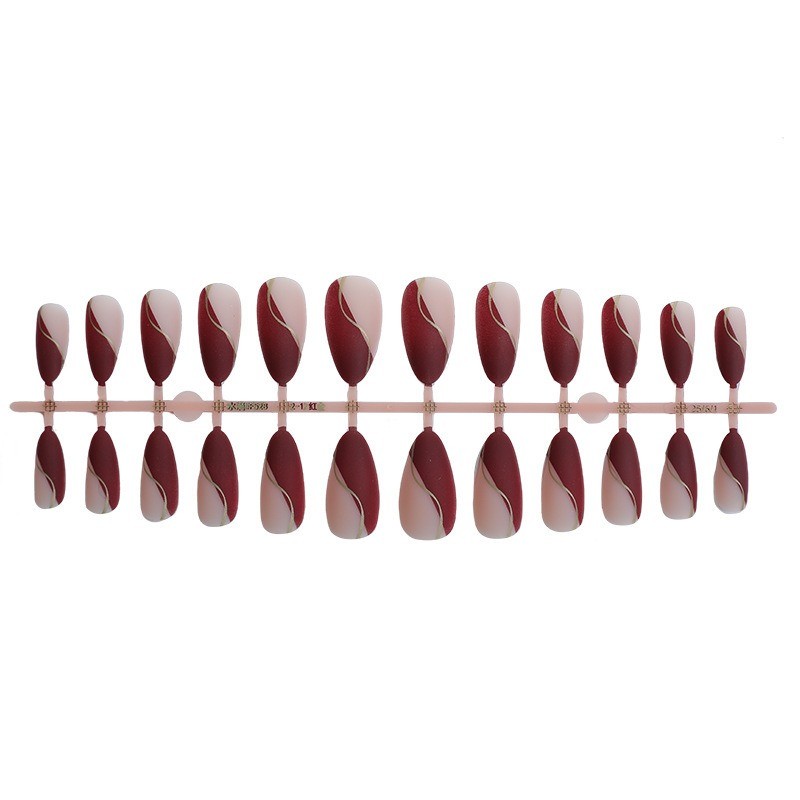 48pcs-Burgundy Gold Line Press on Nails, Nude Almond False Nails for Women