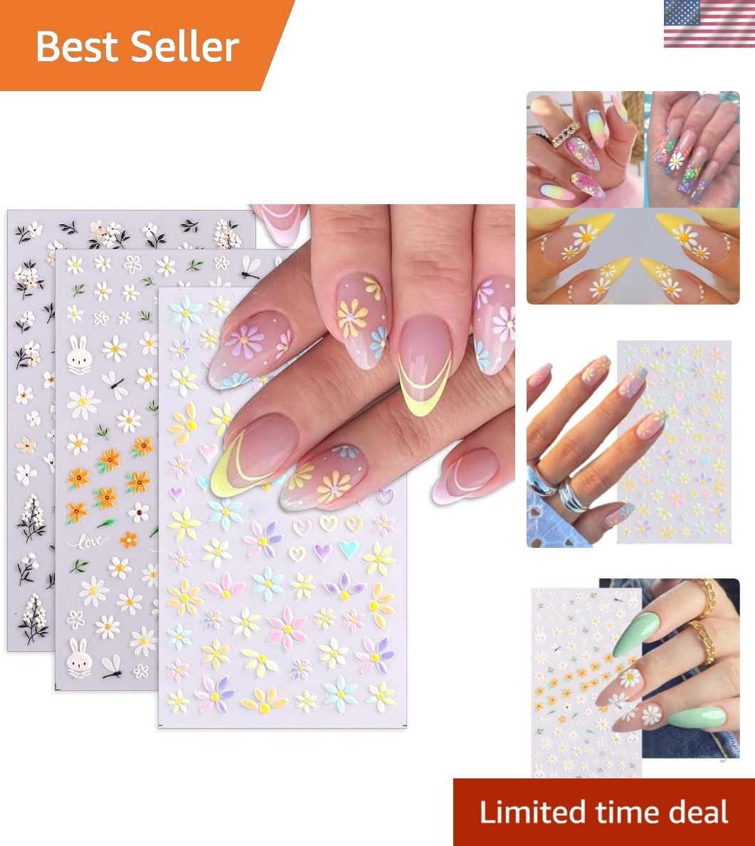 Vibrant 5D Flower Nail Decals for Creative DIY Art – Three Self-Adhesive Sheets