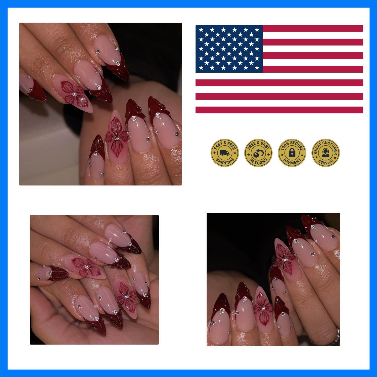 Red French Tip Press on Nails Almond – Medium Flower Fake Nails with 3D Cryst…