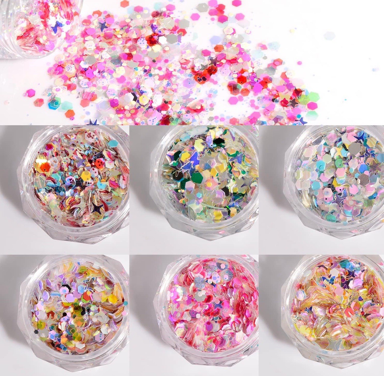 6Boxes 3D Holographic Nail Sequins Iridescent Glitter Foil Flakes Art Decoration