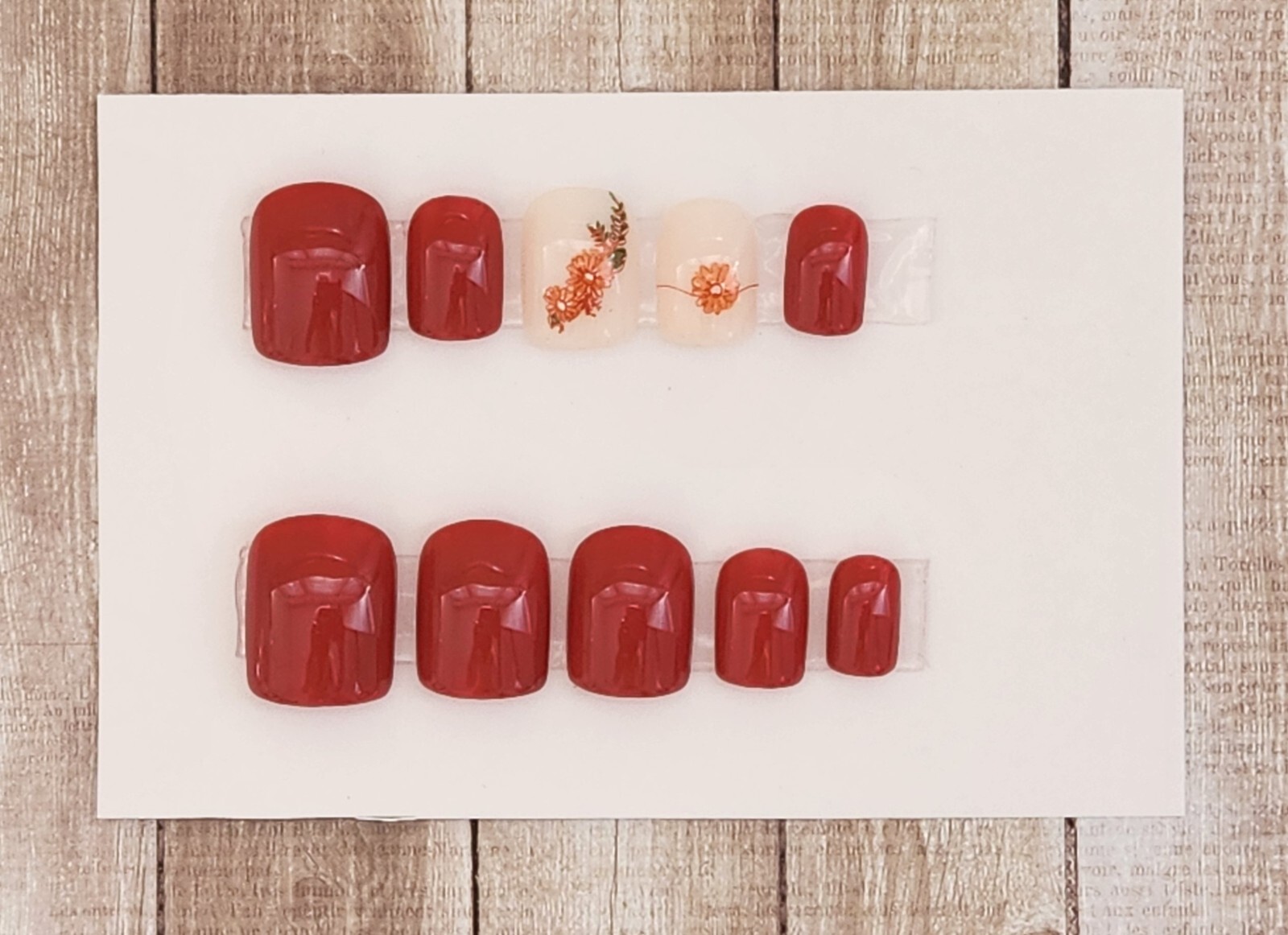 Custom Press On Handmade Gel Nails Scarlet Floral Accent Square Short 20 Tip