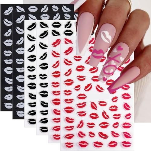 Valentine’s Day Nail Stickers Nail Decals 6PCS White Black Heart Nail Sexy Lips
