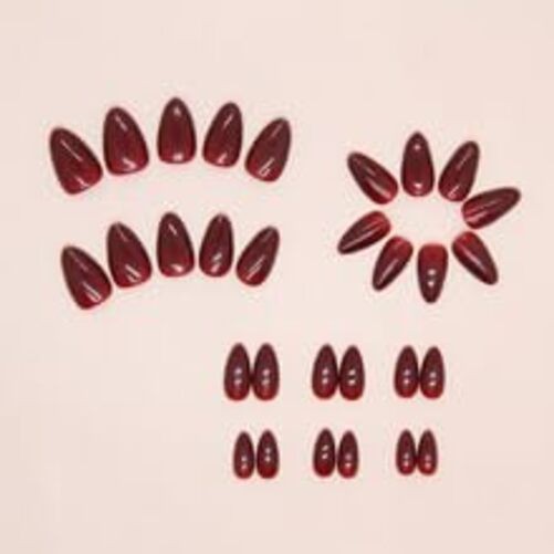 Luxury Press-On Nails – Medium Almond – Elegant Burgundy Fake Nails Cherry Red