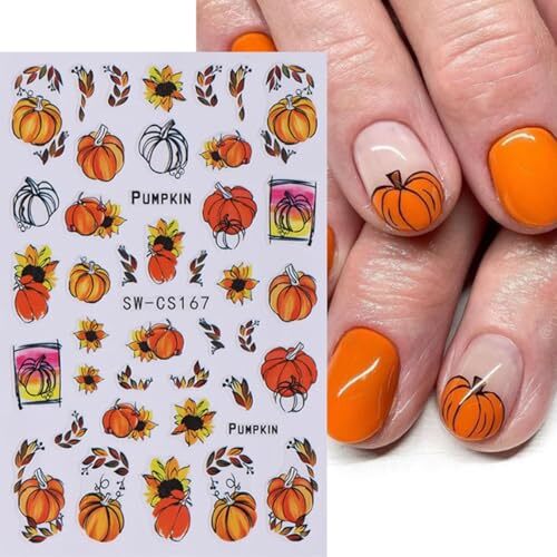 8Sheets Fall Nail Art Stickers Autumn Pumpkins Fallen Leaves 3D Style- Decal J