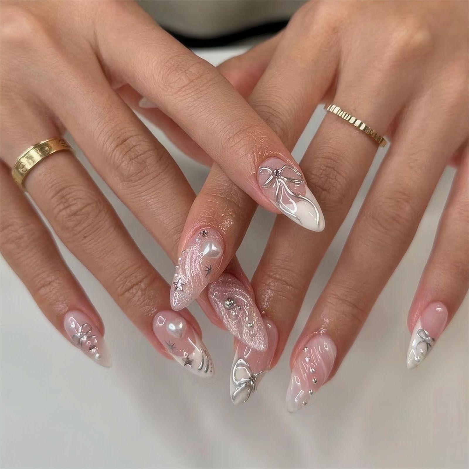 QQPPOLIU Medium Press On Nails Almond Shape with 3D Coat Glue On Nails French…