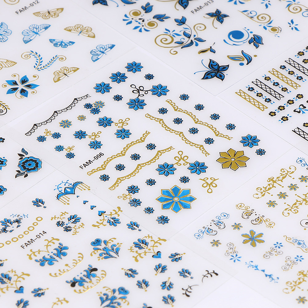 3 Sheets (random) 3D Nail Sticker Blue Gold Silver Butterfly Flower Lace Decals