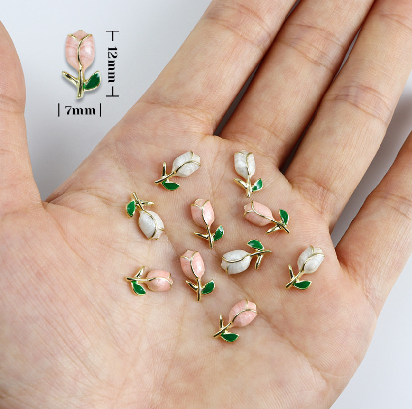 5PCS White Pink Tulip Flower Nail Art Case Charm 3D Metal Alloy Decoration NS54
