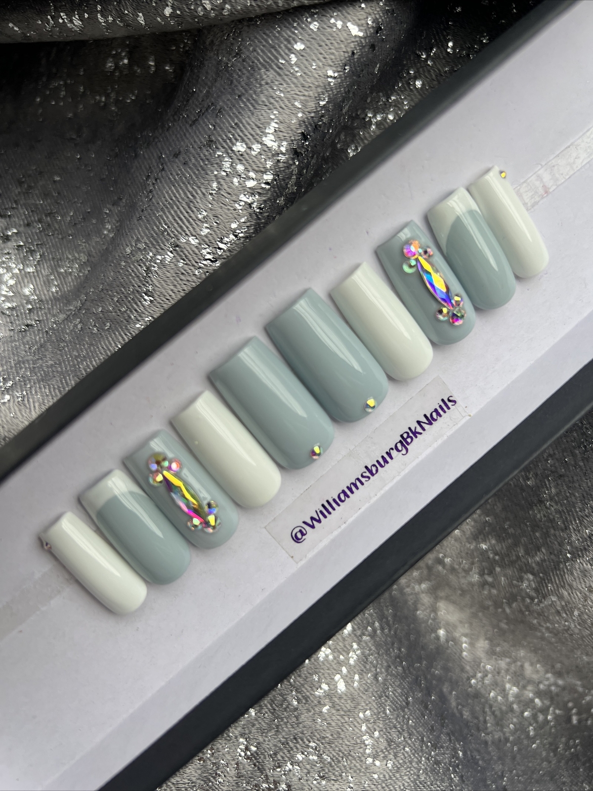 💎 CUSTOM Gel press On Nails, BLUE GREY BLING , Med Square 10p Set With FULL KIT