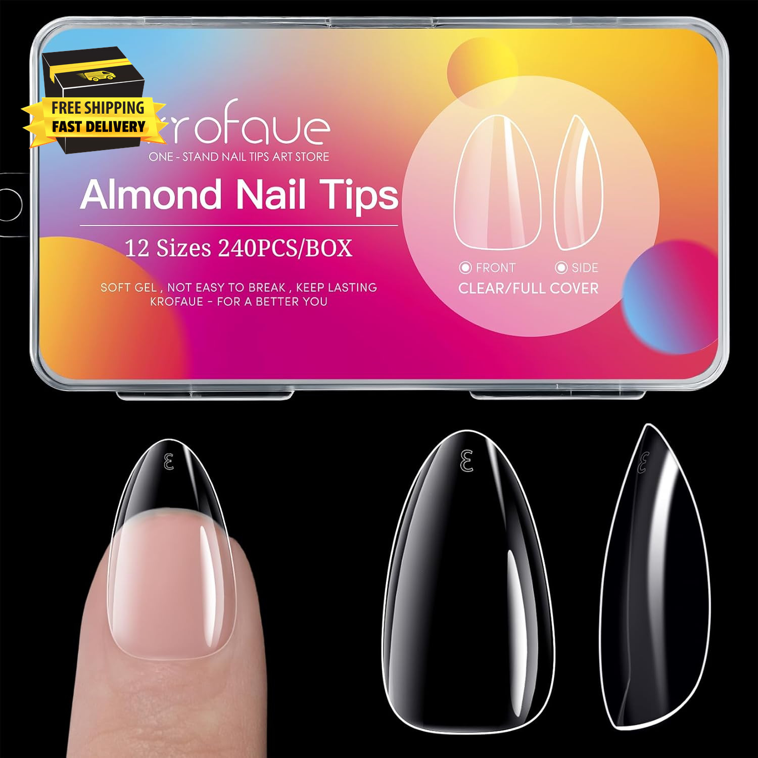 Almond Nails Tips – 240Pcs Clear Fake Tips 12 Sizes Soft Gel False Nails Full Co