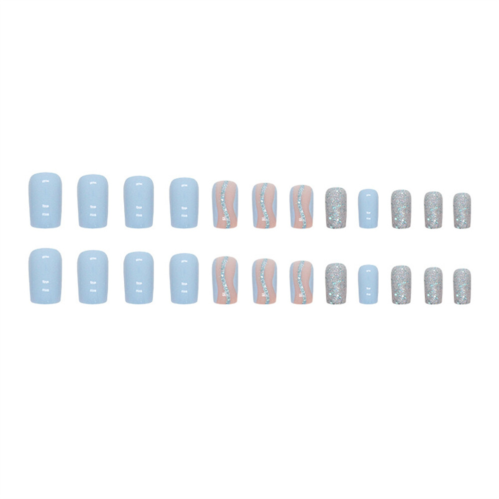 Light Blue Waves False Nail Medium Square Press on Nails for Nail Art 24pcs