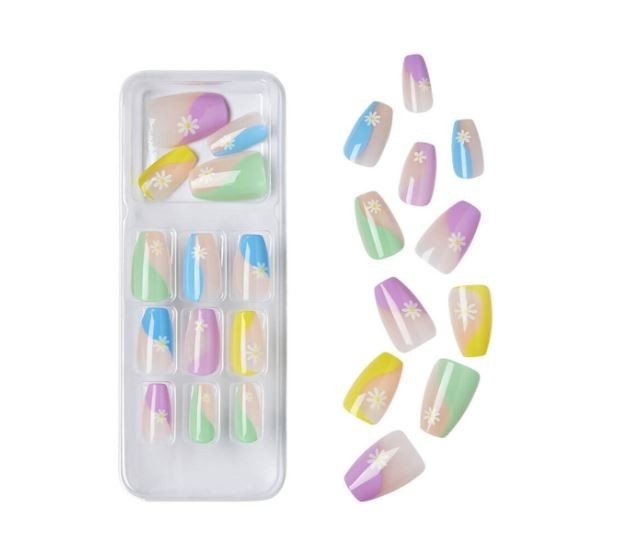 KISS NAILS GLUE ON SHINY PINK, BLUE, YELLOW MEDIUM LENGTH, COFFIN SHAPE 48 COUNT