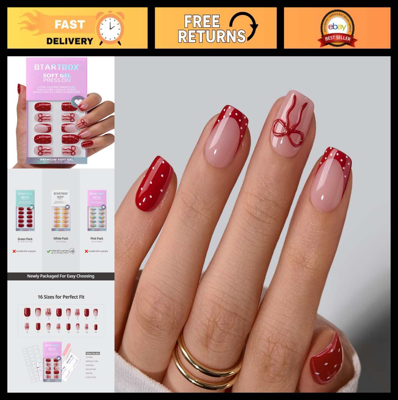 Press On Nails Red French Tip XS Squoval 32Ct | 2+ Weeks Wear, Easy Application,