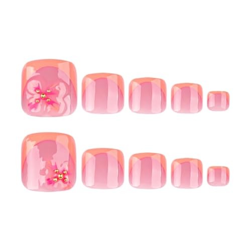 French Tip Press on Toenails Square Fake Toenails with Flower Short Style-3