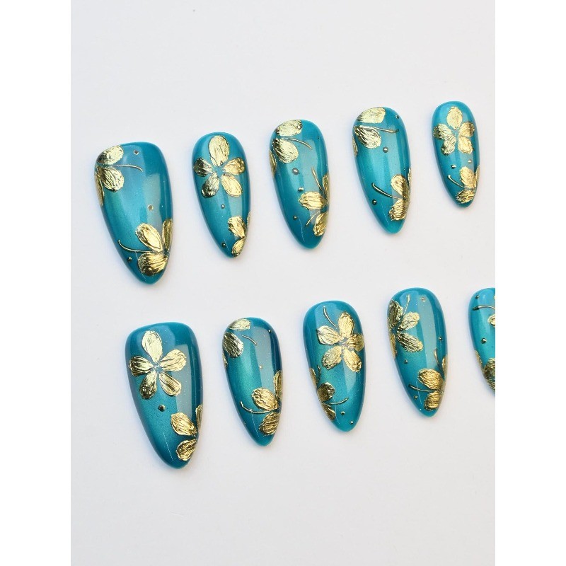 Custom Pure Handmade Nails Lake Blue Cat Eye Gold Flower Chinese Manicure
