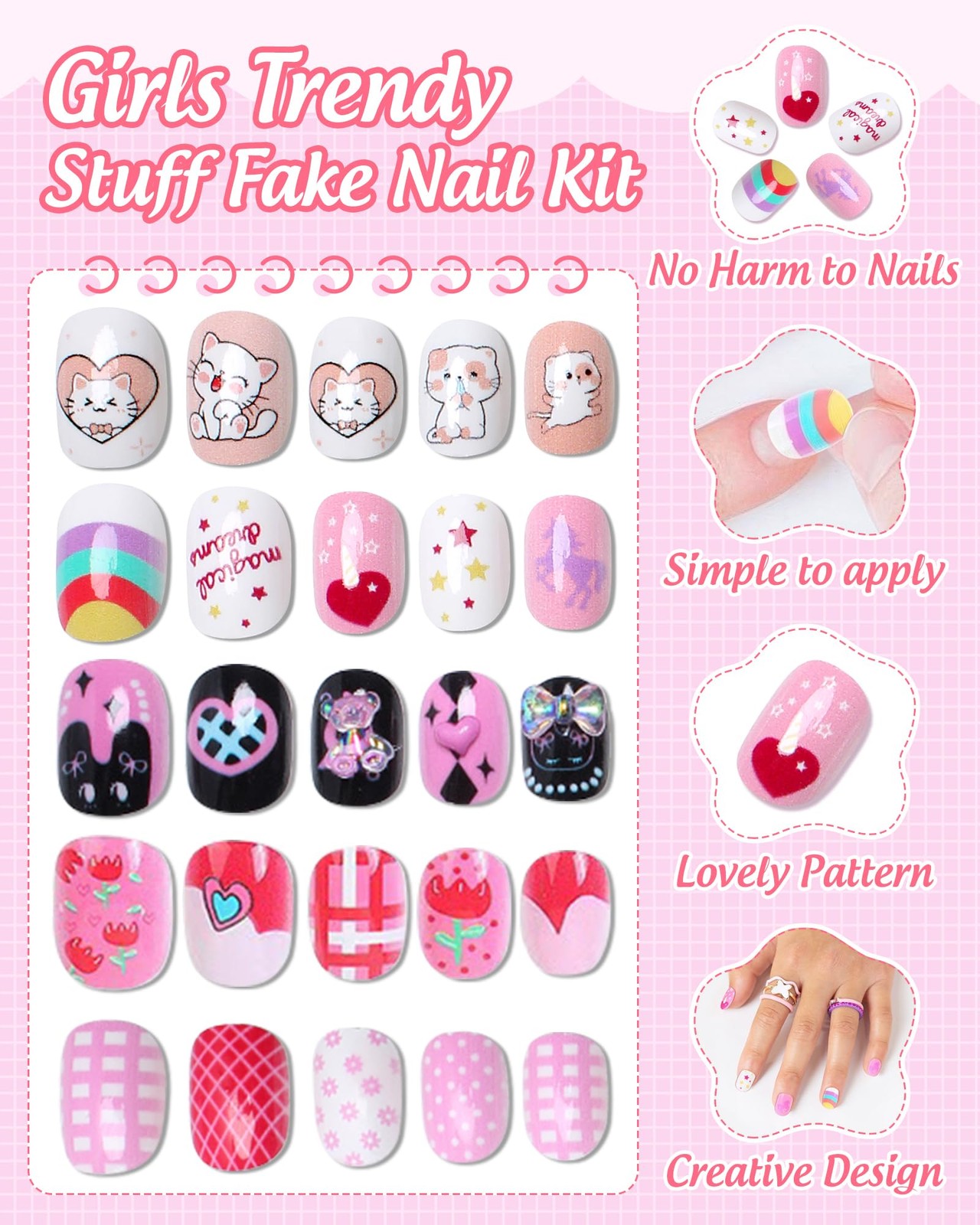 120PCS 5 Pack Press on Nails for Kids,Tweens Girls Soft Fake Nail Kit, Reusab…