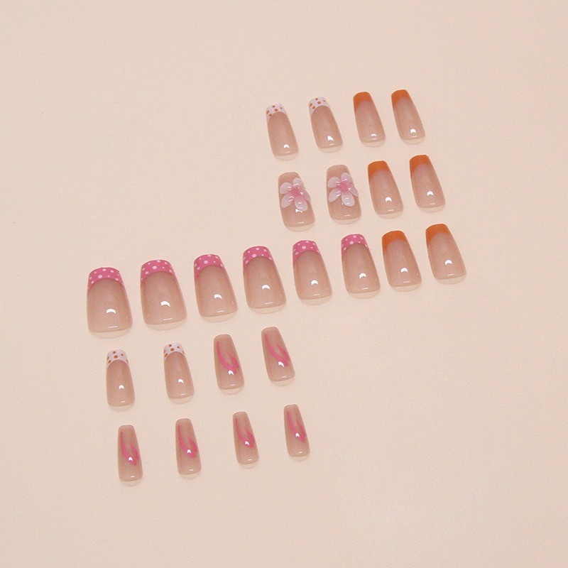 72Pcs-Short Almond Orange Pink 3D Flower Polka Dot Glossy Press on Nails Set
