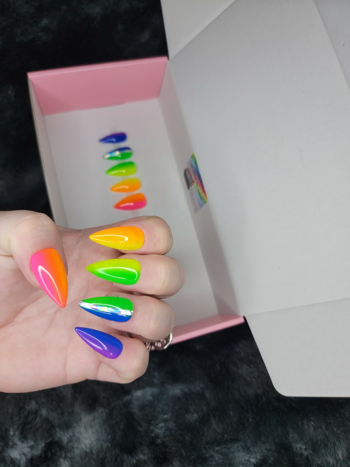 Neon Rainbow ombre nails bling medium stiletto PRESS ON NAILS pride summer nail