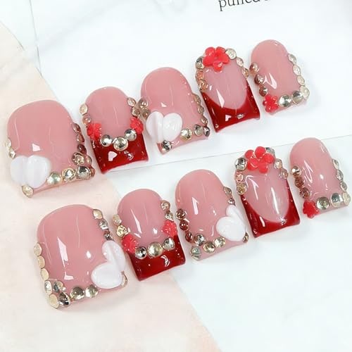 10 Pcs Handmade Press on Nails Short Square Fake Nails with 3D Handmade ss01