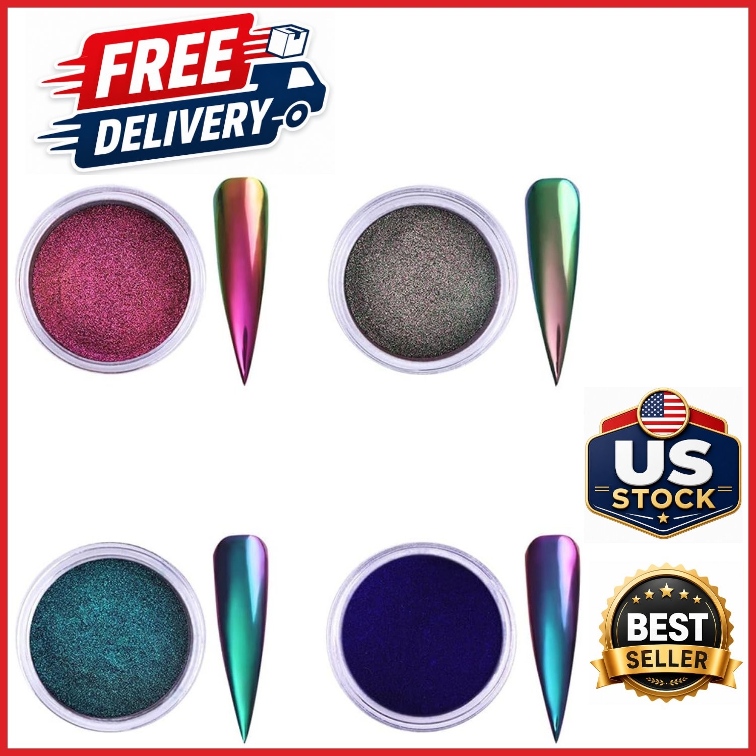 4pcs Metallic Nail Powder Set for Gel Nails with Holographic Glitter Effect