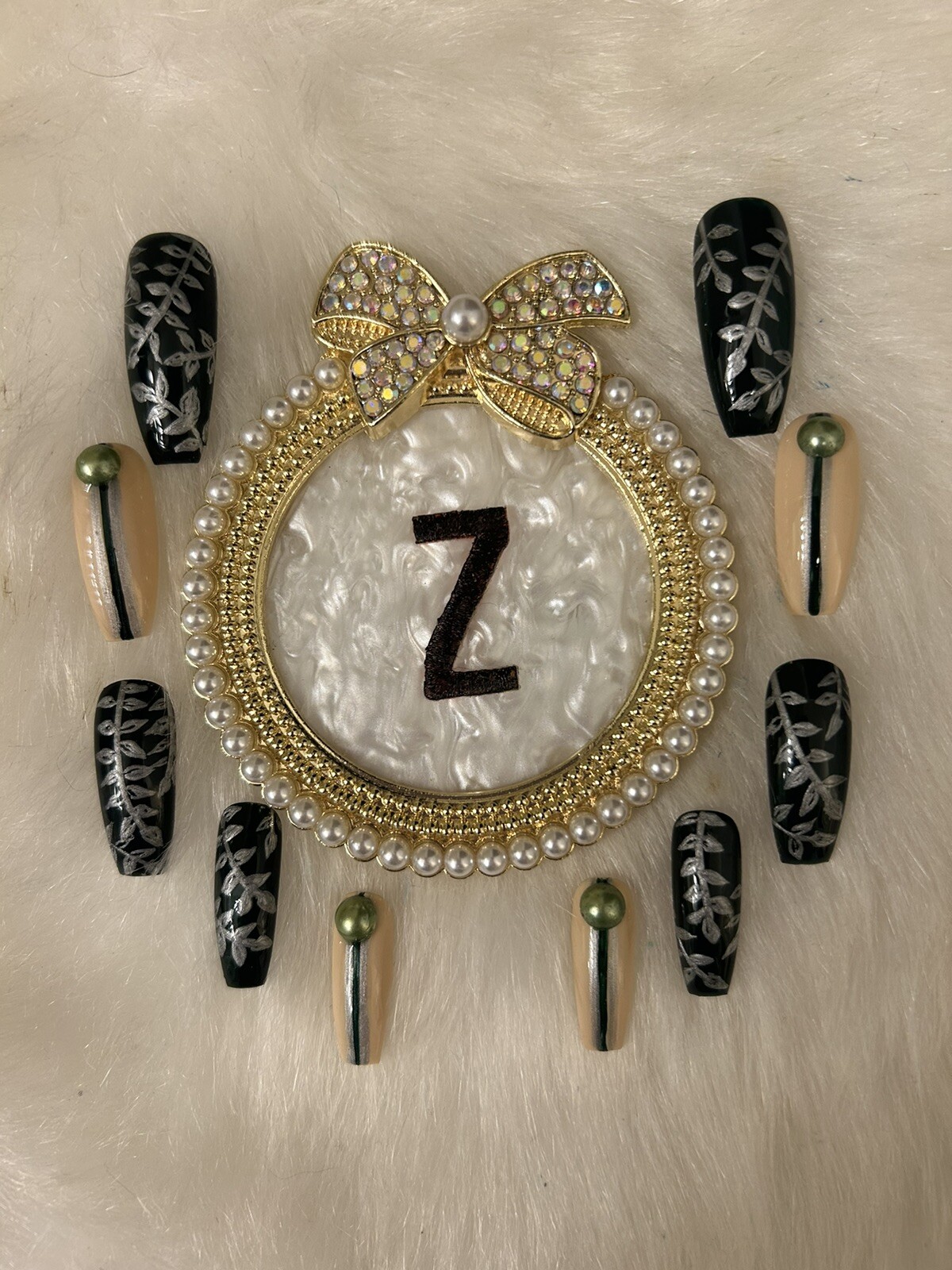 Z NAILZ! Gorgeous Set Of Dk Green/Beige L Coffin W/Bling Press On Nails