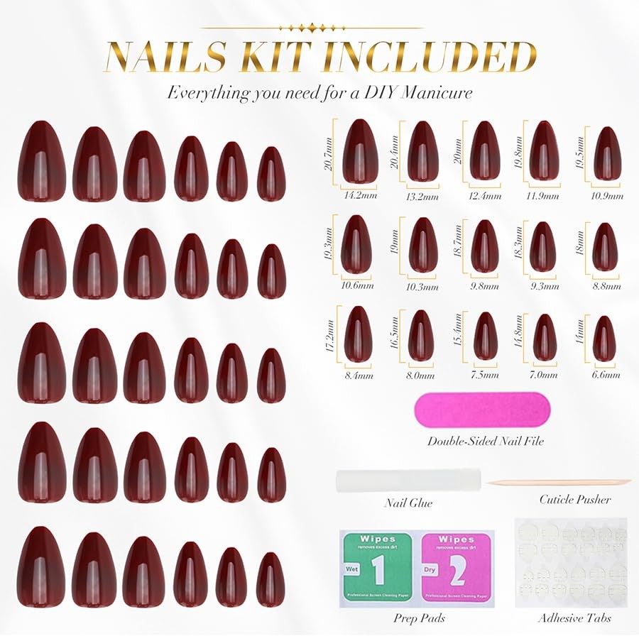 Dark Red Short Almond Press On Nails | 15 Sizes – 30 Nail Kit Merlot