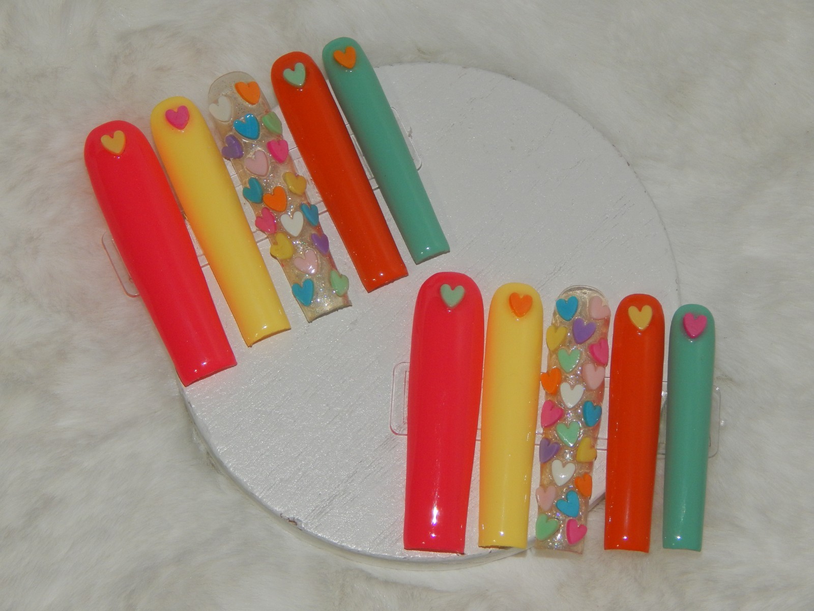 Luxury Handmade Press-On Nails I Reusable I Colorful Hearts I Square Shape l 3XL