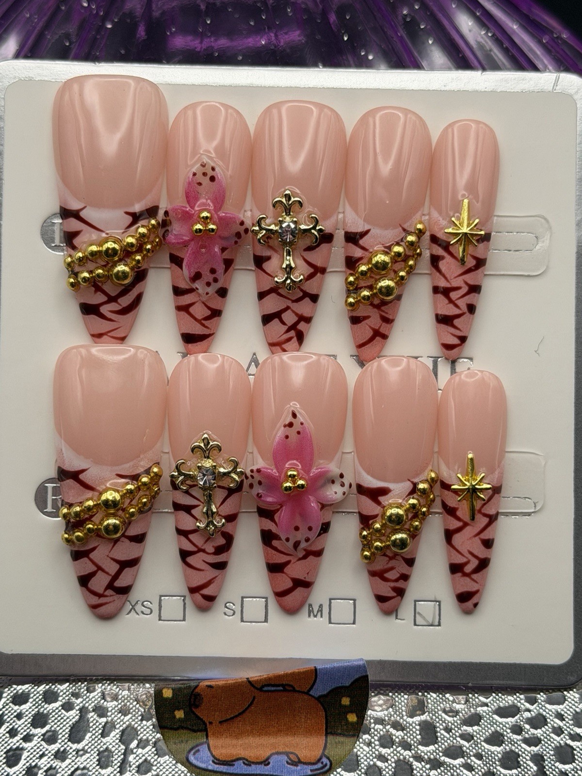 10 PCs Handmade Long Almond Nails Nude Light Pink, 3D Gold Charms, Rhinestones L