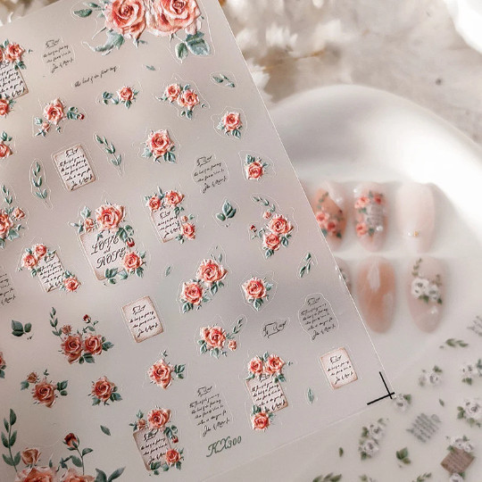 5D Red Rose Nail Art Stickers, Flowers Nails Decals, White Rose Nail Stickers (8