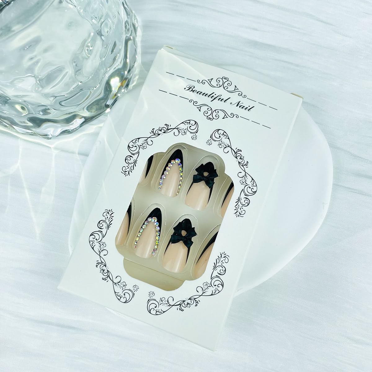 24pcs Press On Nails Medium French Tip Black Almond Shape Fake Nails 3D Bow A…