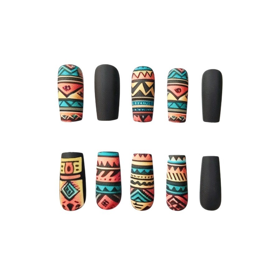 48Pcs-Medium Coffin Black Matte Tribal Pattern Press on Nails Set