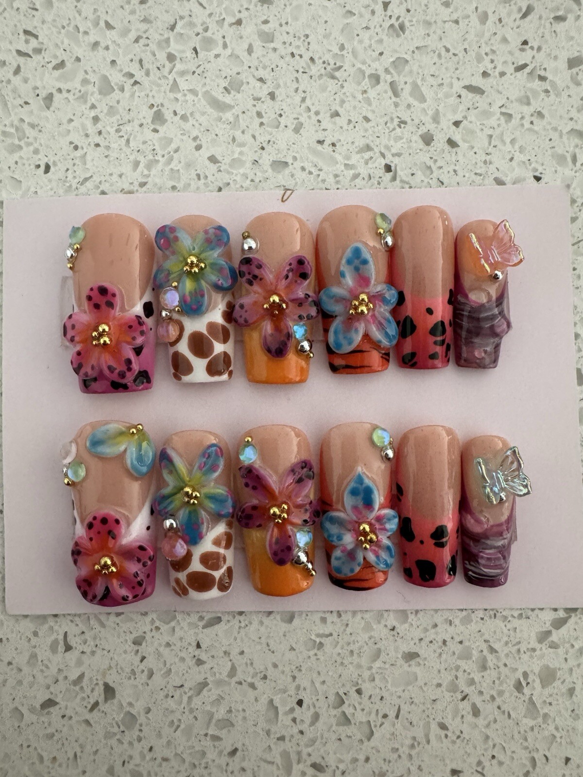 New Custom Press On False Fake Nails French Animal Print Flower Butterfly 12 pc