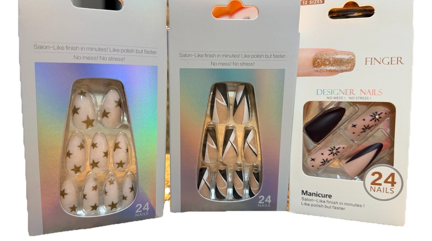 LOT OF 3 Fake Nails Set Black White Stars Embellished Pink 1A