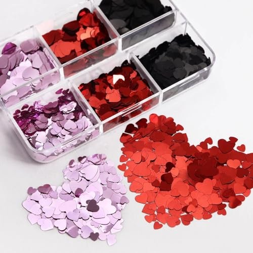 3D Heart Nail Art Glitter Sequins for Valentine, Red Black Mixed Holographic