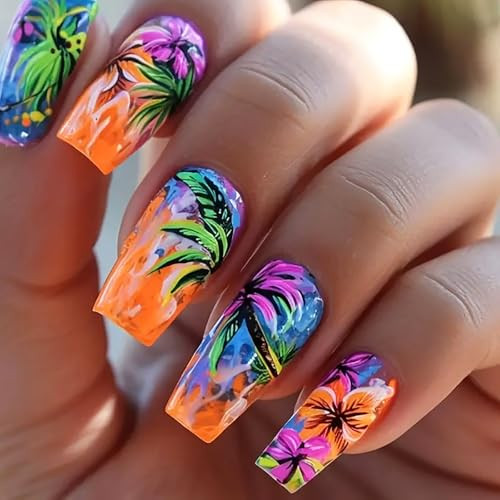 24Pcs Summer Press on Nails Medium Fake Nails with Colorful Coconut Tree A33