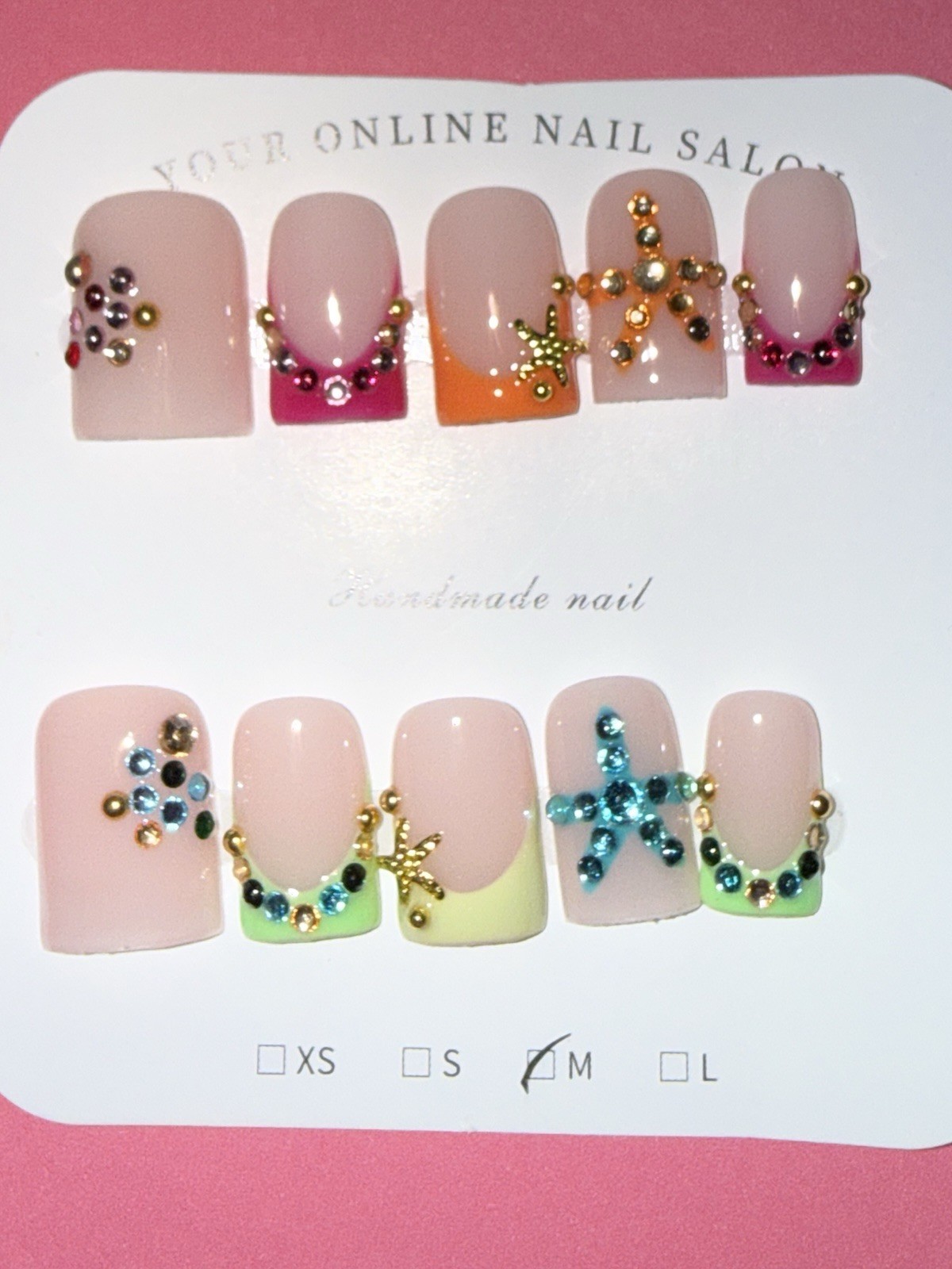 Press-On Nails Multi-colored Frenchie Rhinestone Set Size Medium