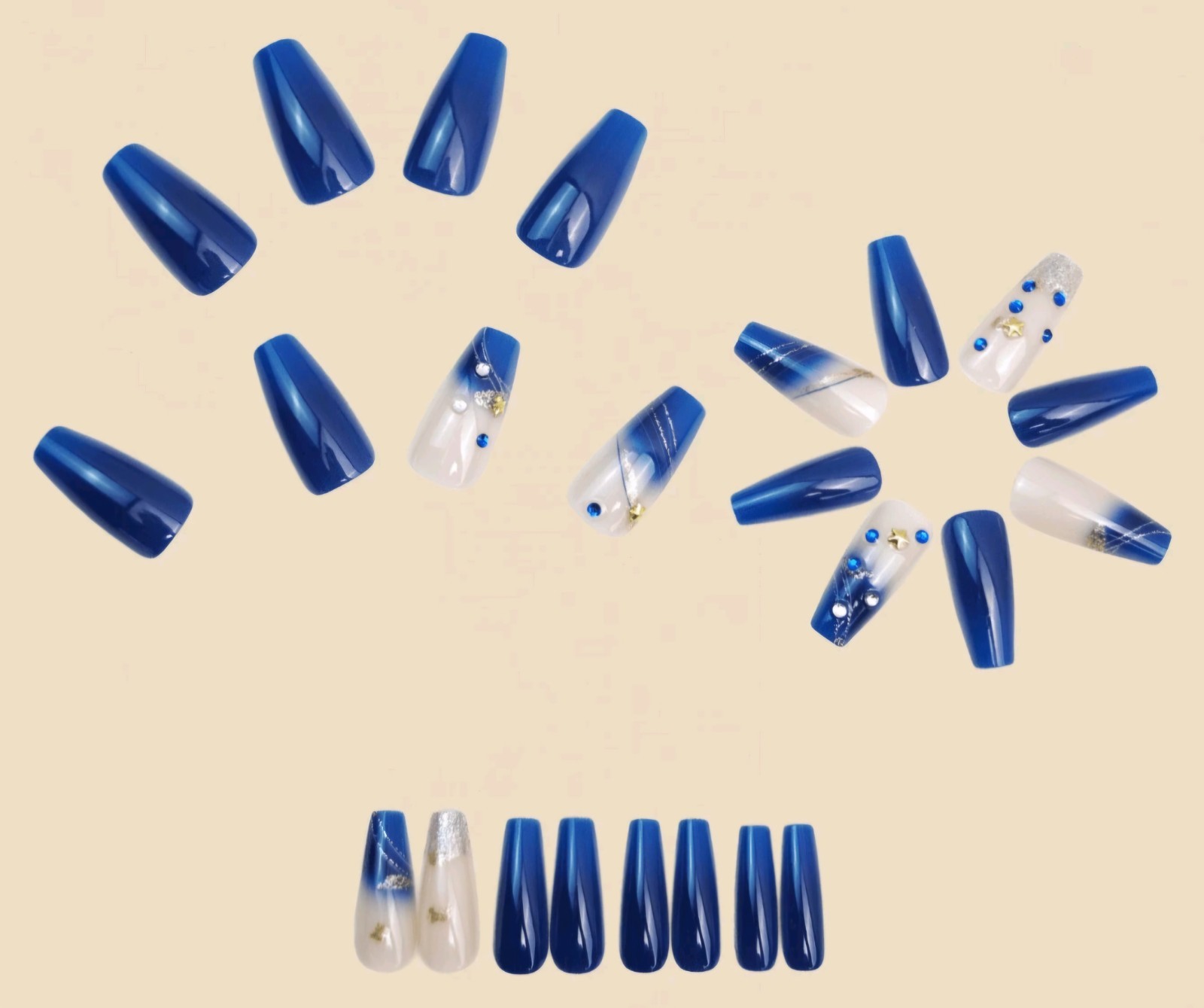 Press-On Nails Royal Blue Clear with 3D Rhinestone Accents Medium/Long Coffin