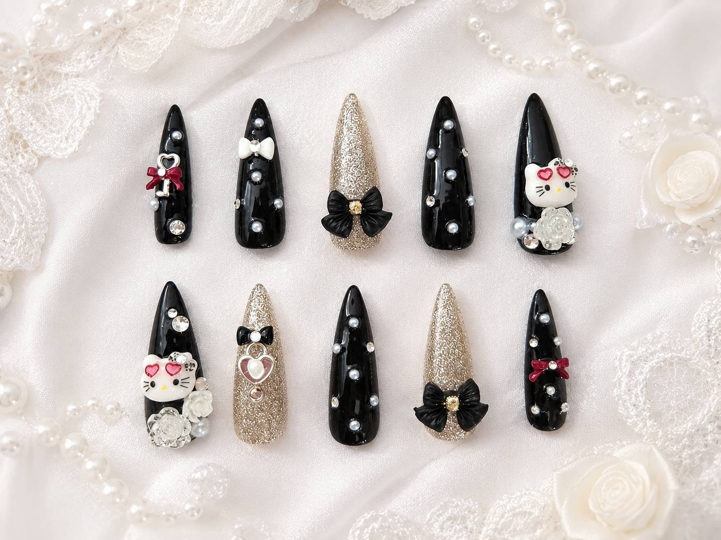 Japanese Handmade Black 3D Press On Nails Bow Pearl Nail Tips Kawaii 10PCS