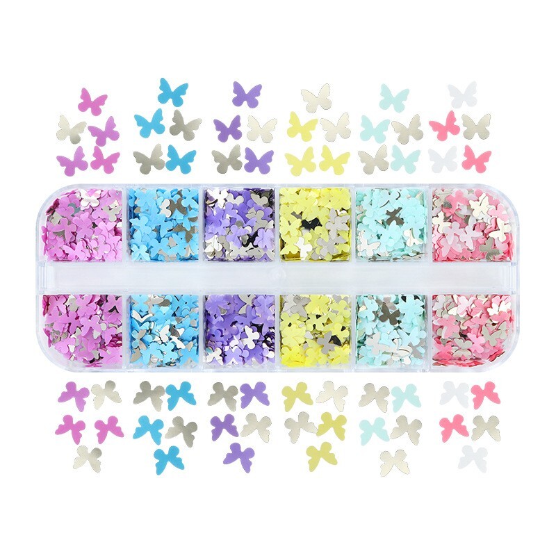 12 Grids Nail Sequins Flakes Art 3D Decoration Butterfly Accessories Glitter Set
