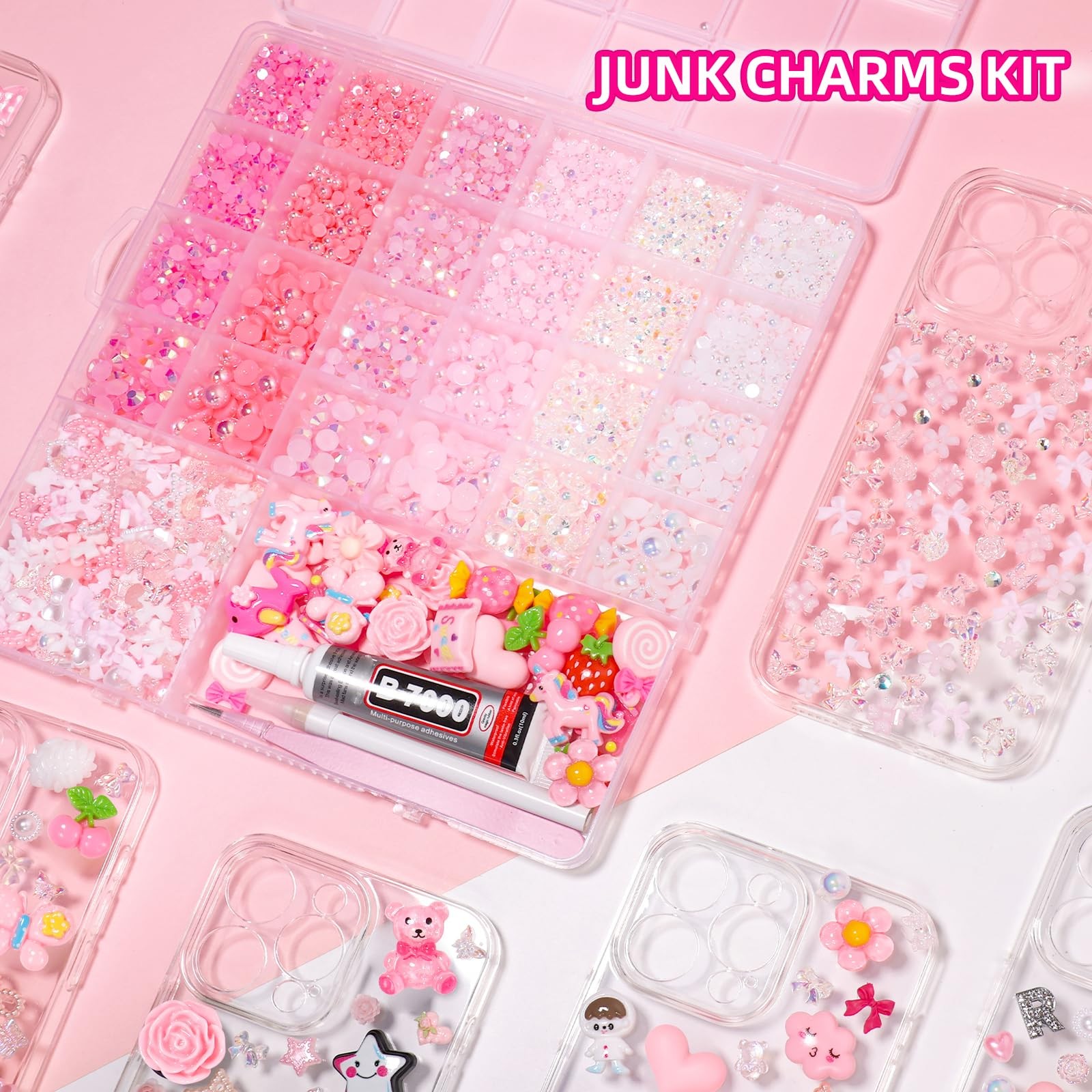 AnoleAir Junk Case Charms Kit, Pink White Pearls Resin Rhinestones Bedazzling…
