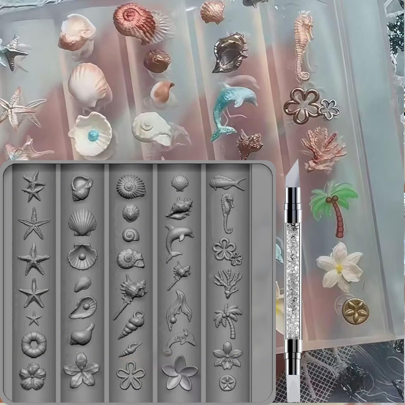 3D Ocean Silicone Nail Art Mold with Double-Head Carving Pen, Ocean Beach Res…