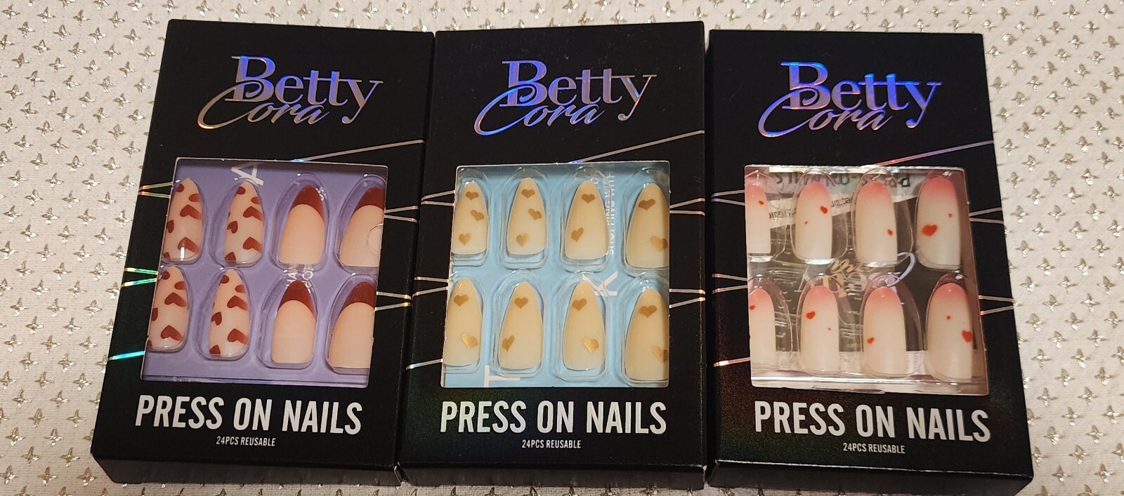 Lot 12 Sets Betty Cora Press On Nails NIB Hearts Rainbows Bunny Mushrooms Ghosts