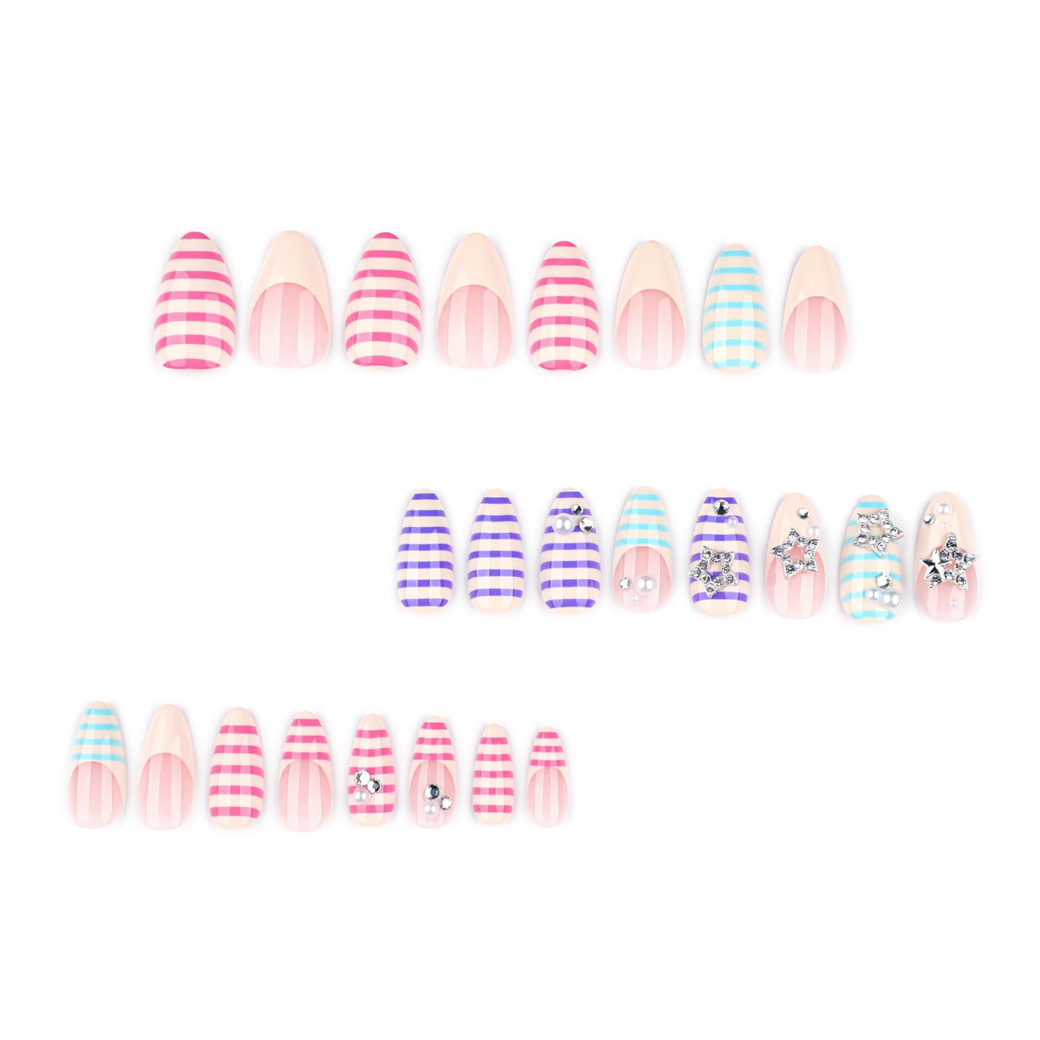 Soft Gel Press on Nails Medium Almond Colorful Stripe Design with 3D Star & Pear