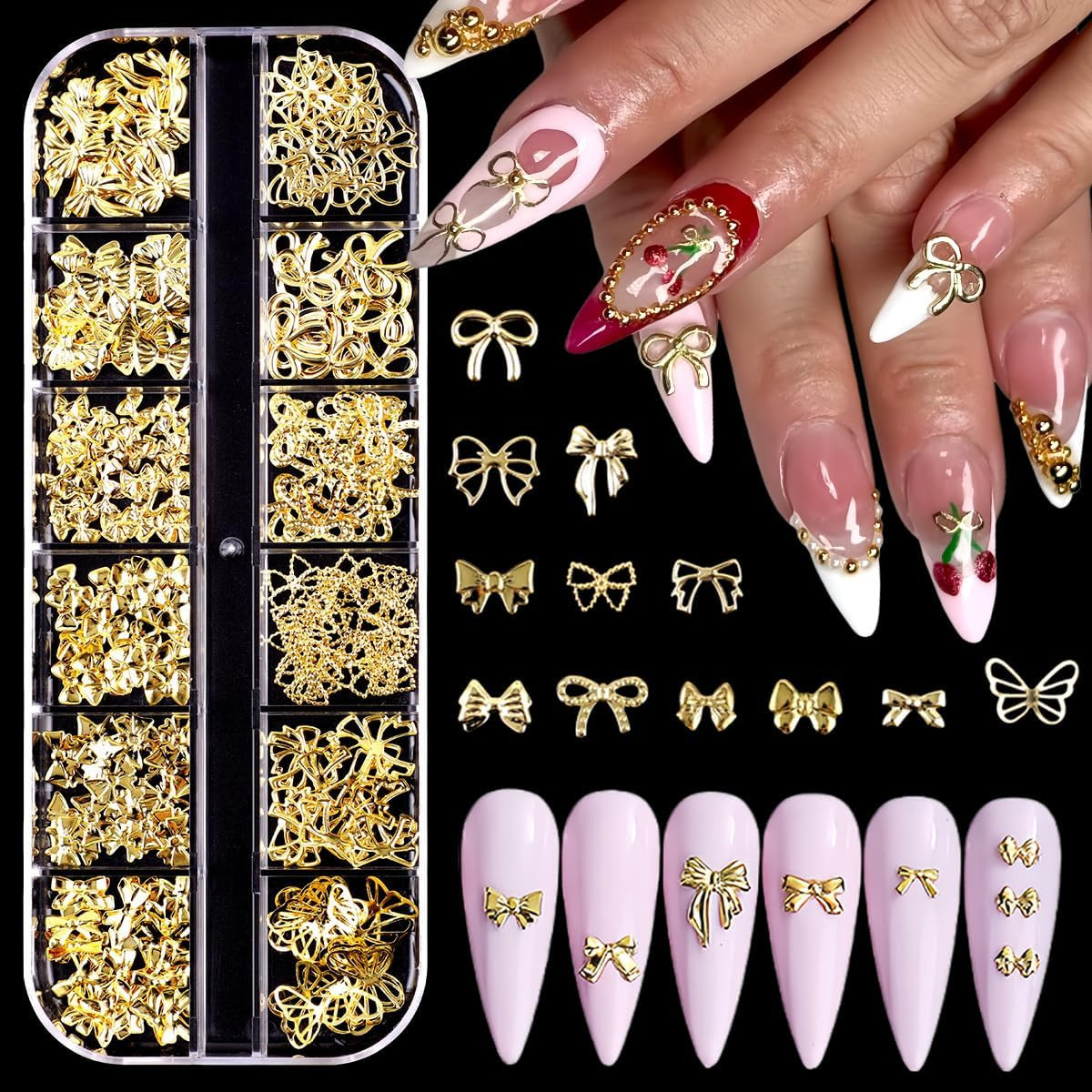 12 Grids Gold Bow Nail Charms 12 Styles Mini Alloy Bowknot Nail Rhinestones Butt