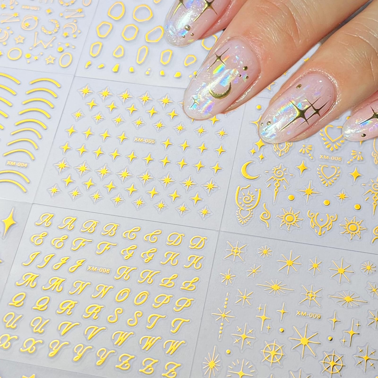 30 Sheets Gold Star Nail Art Stickers 3D Adhesive Moon Star Nail Decals Heart…