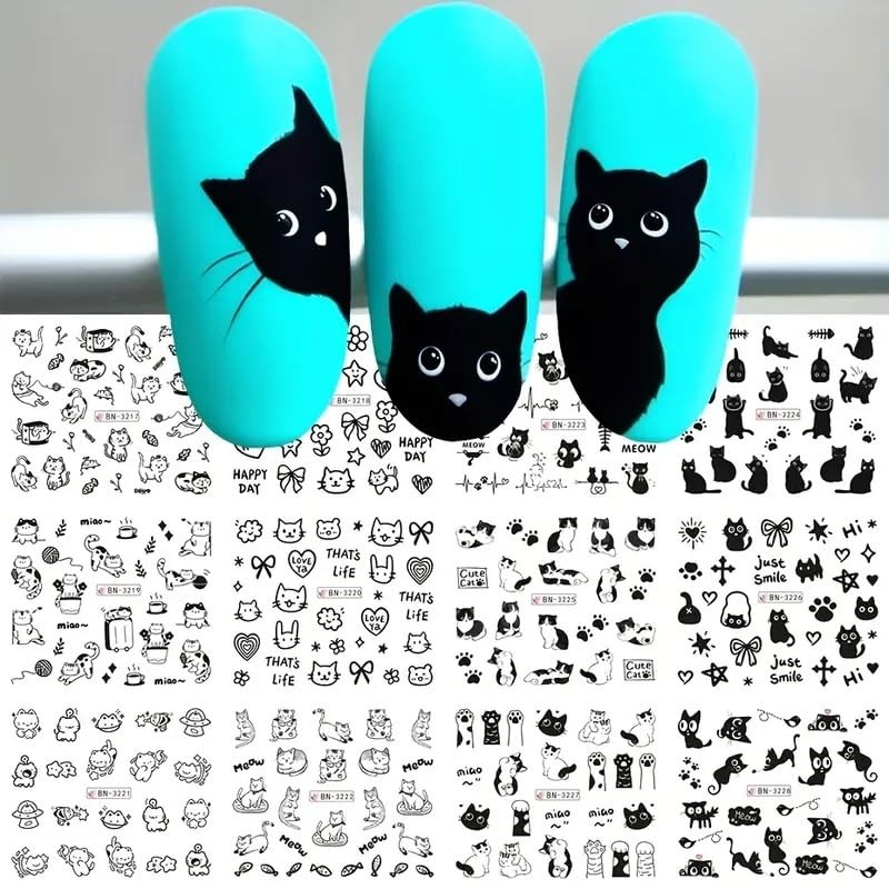 Cute Cat Nail Art Stickers Black Cats Water Transfer Nail Stickers Cat Style-4